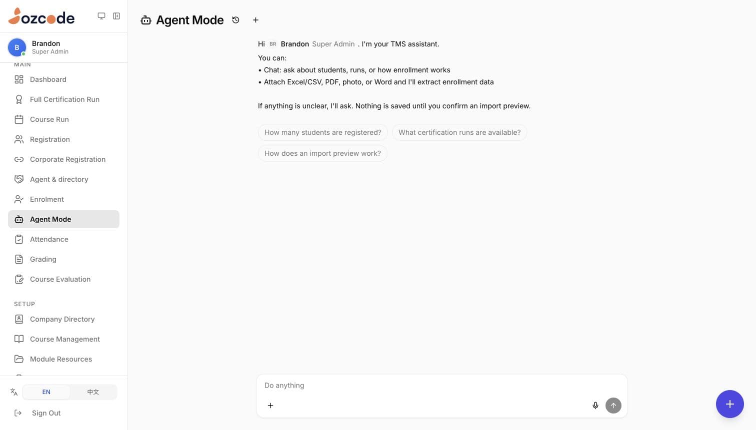 Edusphere Agent Mode with enrolment guidance, suggested questions and a file attachment composer