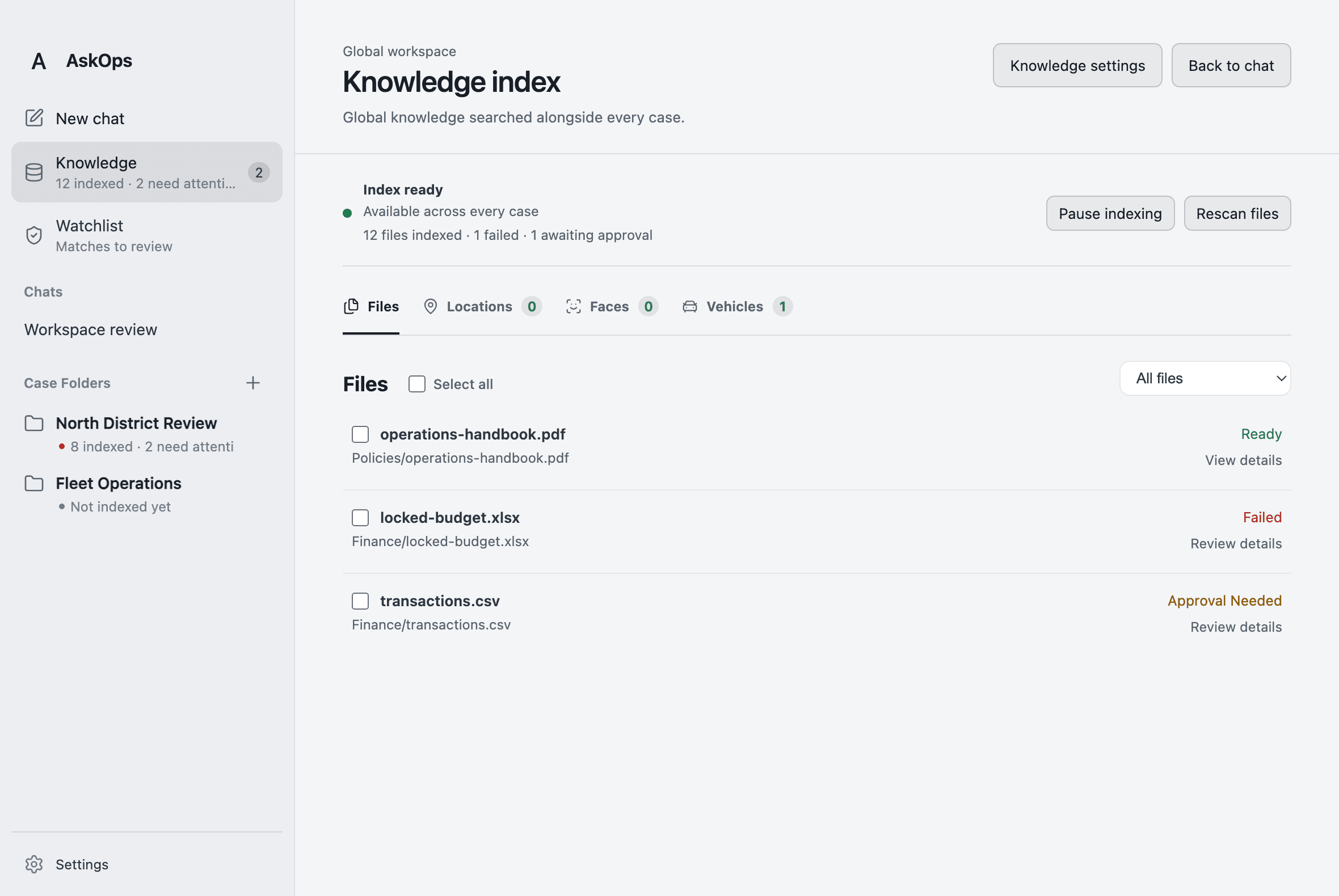 AskOps v3 Knowledge index showing files that are ready, failed or awaiting approval