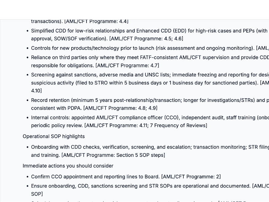 AI-assisted policy guidance with source-linked AML and CFT recommendations