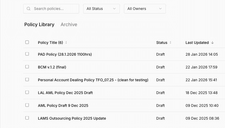 Live policy library with search, status filters and last-updated dates