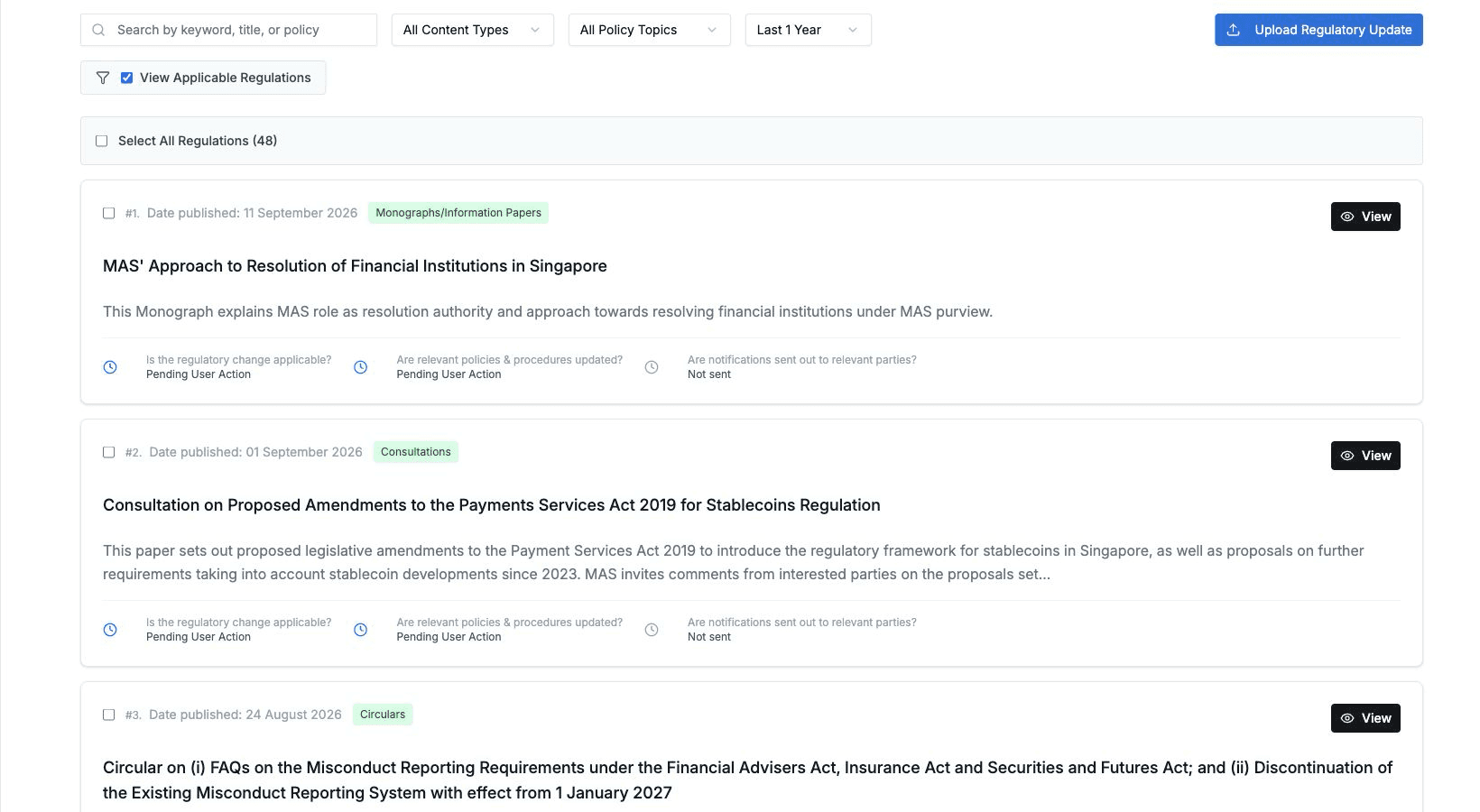 Live regulations library with content filters and applicability review statuses
